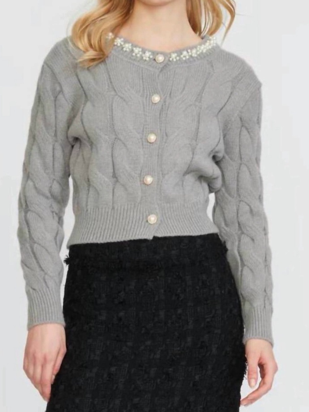 NWT Stellah Pearl Embellished Cable Knit Cropped Cardigan in Silver Size S